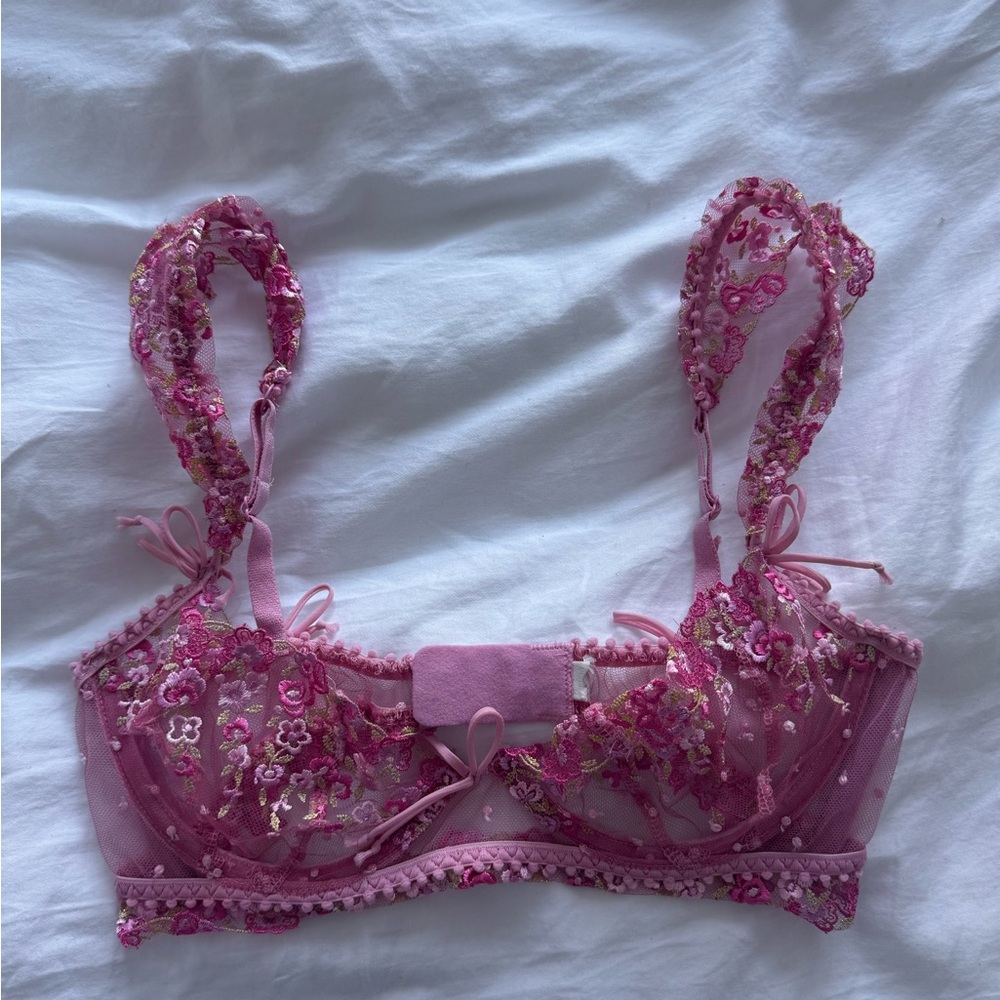 Floral Embroidered Pink Bra